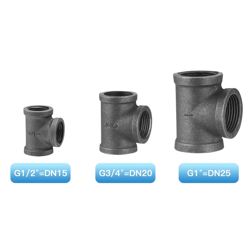 Home TZH 1" Pipe Fitting Tee, 10 Pack DN25 Threaded Gray Cast Malleable Iron Tee for Steampunk Vintage Shelf Bracket DIY Plumbing Pipe Decor Furniture (10, 1") - Image 3